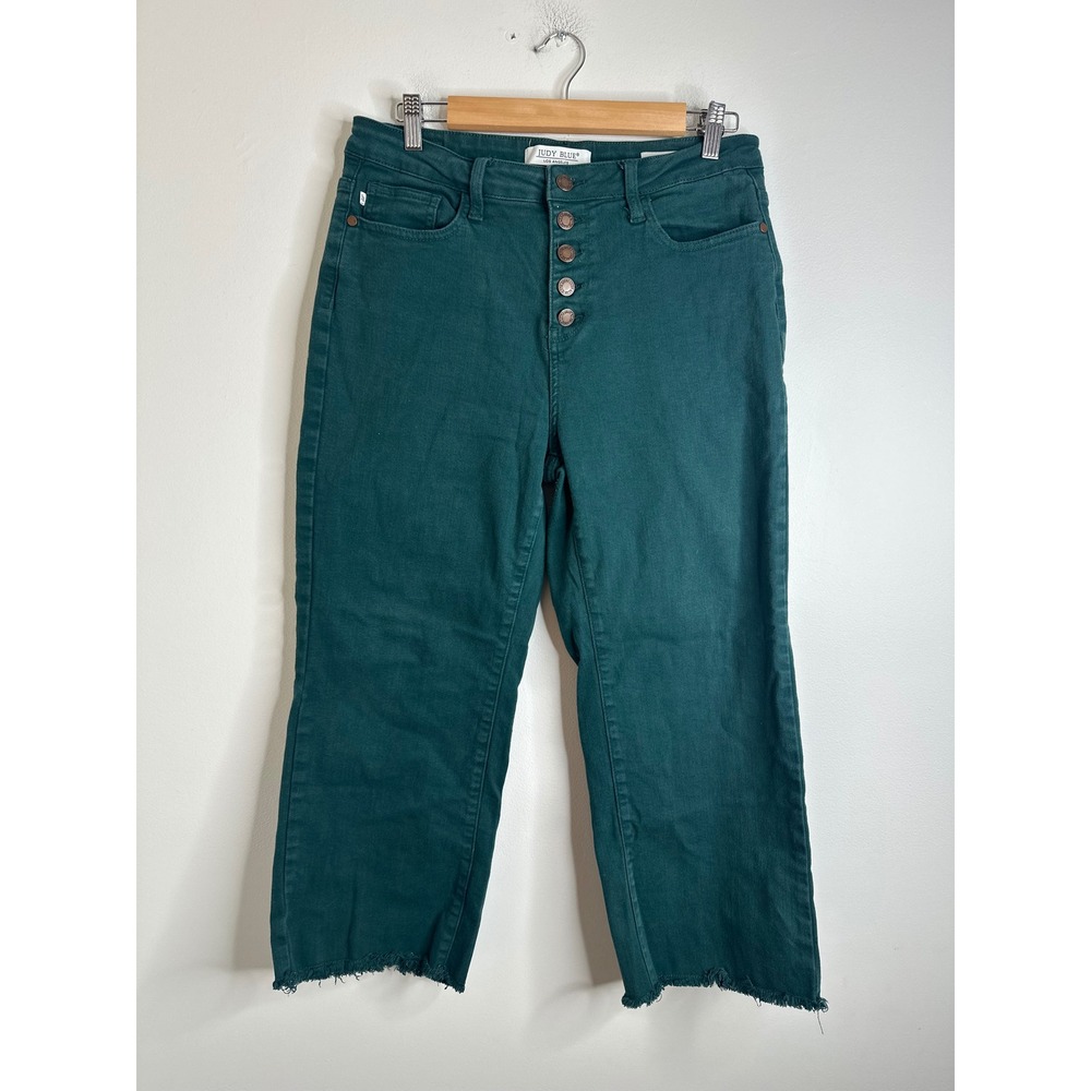 Judy Blue High Rise Wide Leg Crop‎ Jeans Emerald Green Button Fly Raw Hem Sz 30